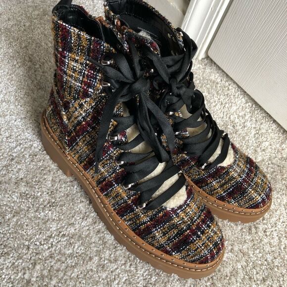 New Steve Madden Women sz 9 M Rainier Multi Plaid tweed Ankle Boots zip lace up - Picture 4 of 12